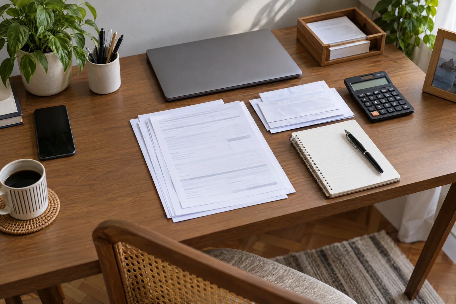 Mesa organizada com laptop, calculadora e documentos sem dados legíveis, imagem ilustrativa.